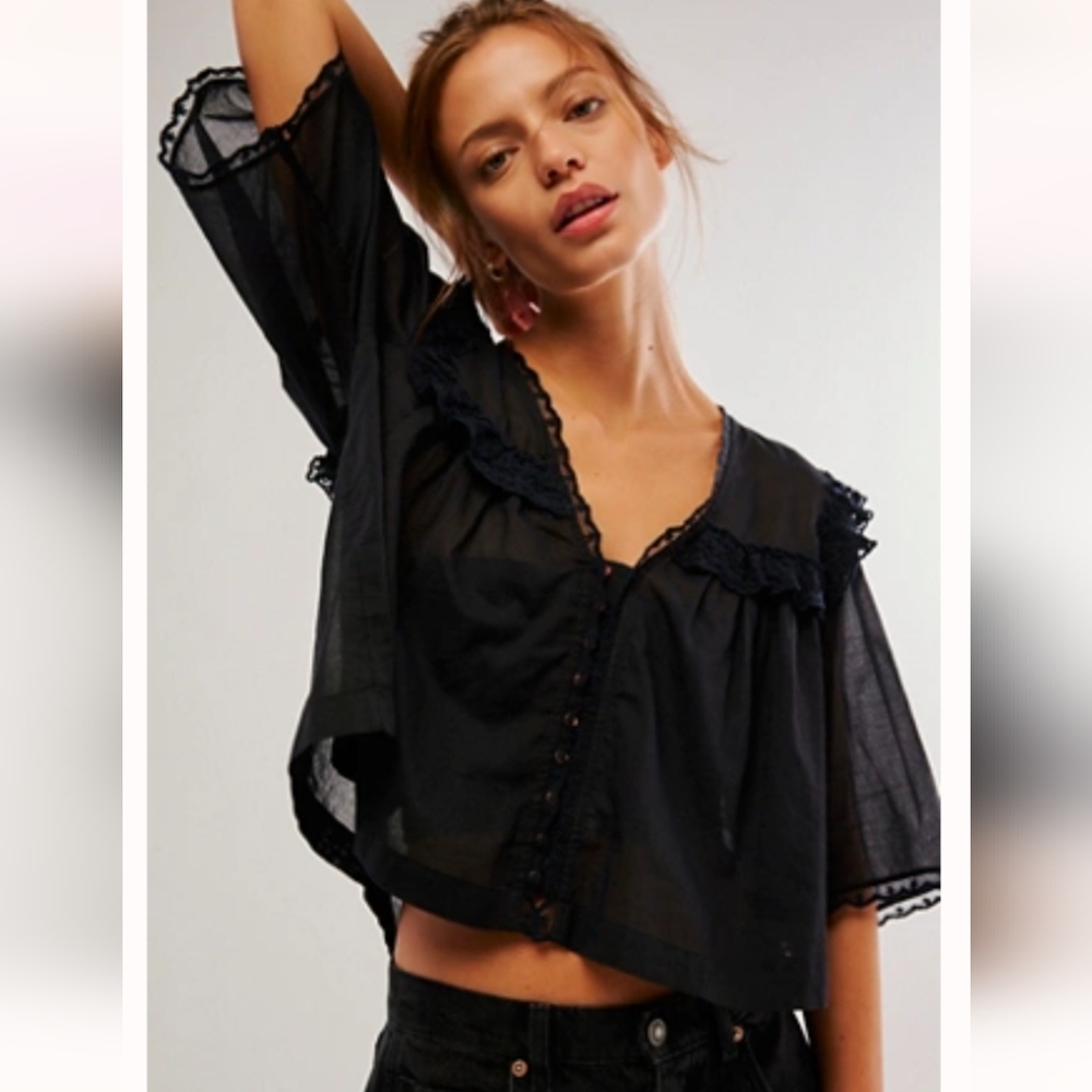 NWOT Free People Luna Top Black Lace Button Women's Top XS